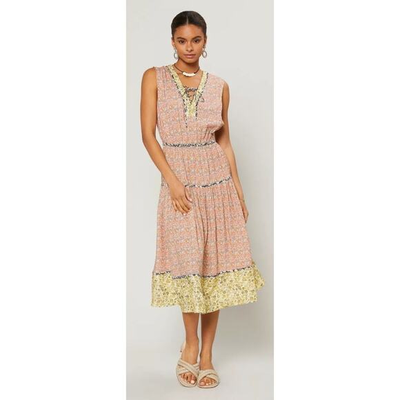 Current Air Contrast Floral Midi Dress Tiered Sleeveless cottage feminine linen - Picture 1 of 10